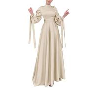 Vestidos musulmanes para mujer elegante vestido de satén plisado abaya dubai Turquía Oriente Medio maxi vestido caftán cintura fruncido hijab vestido islámico ramadán oración, O beige., XL