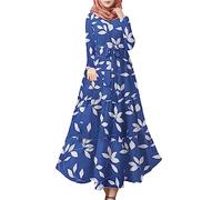 Vestidos musulmanes para mujer elegante vestido hijab con estampado floral indio de Oriente Medio Dubai vestido maxi caftán árabe ropa islámica mujer túnica cintura fruncido vestido casual, O azul., M