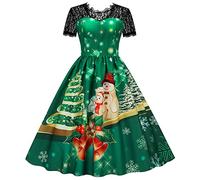 Vestidos Navidad Mujer, Vestidos Elegantes Mujer con Moda Linda Patrón Navidad Temáticas Suelto Plisada Hepburn Falda Manga Corta Clásicas Festival Fiesta Princesa Elasticos Comodas Falda