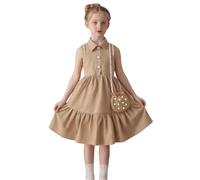 Vestidos niña,New Girls Sweet Dress Solid Color Sleeveless Lace Collar Dress De Invierno (Khaki, 4-5 Years)