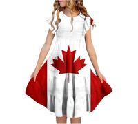 Vestidos NiñA-Vestido Floral para NiñA del DíA De Canadá, Bonito Estampado De Hojas De Arce Rojas Y Blancas, Corte En A Escalonado con Mangas con Vuelo Y Bolsillos, CóModo Vestido De Fiesta