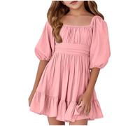 Vestidos Niña, Vestidos De Verano, Vestido De Verano Informal Con Estampado Floral Cuello Cuadrado Volantes Cinturón Manga Corta Ideal Para Fiestas Parques Infantil Para Niños Pequeños De 5 A 14 Años