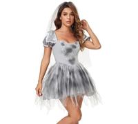 Vestidos Novia Cadaver, Vestido Halloween Mujer Cuello Bajo Mangas Abullonadas Corset Hada Malvada Con Velo Terror Corta Falda Elegante Cosplay Vampiro Zombie Cintura Sujeta Novia Tul Disfraz