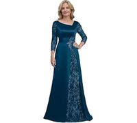 Vestidos para la Madre de la Novia Vestido Formal de Noche graduación con Corte A, Apliques Encaje, Escote Redondo y Mangas largas satén para una reunión(Peacock,14W)