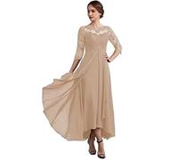Vestidos para la Madre de la Novia Vestidos de Noche Gasa con Encaje, Escote Redondo y Media Manga, sin Espalda, for Madre del Novio para una reunión(Champagne,20W)
