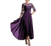 Vestidos para la Madre de la Novia Vestidos de Noche Gasa con Encaje, Escote Redondo y Media Manga, sin Espalda, for Madre del Novio para una reunión(Purple,18W)