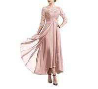 Vestidos para la Madre de la Novia Vestidos de Noche Gasa con Encaje, Escote Redondo y Media Manga, sin Espalda, for Madre del Novio para una reunión(Blush,16W)