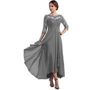 Vestidos para la Madre de la Novia Vestidos de Noche Gasa con Encaje, Escote Redondo y Media Manga, sin Espalda, for Madre del Novio para una reunión(Grey,8)