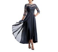 Vestidos para la Madre de la Novia Vestidos de Noche Gasa con Encaje, Escote Redondo y Media Manga, sin Espalda, for Madre del Novio para una reunión(Blue 2,16W)