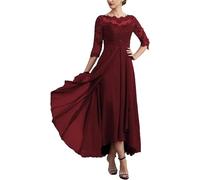 Vestidos para la Madre de la Novia Vestidos de Noche Gasa con Encaje, Escote Redondo y Media Manga, sin Espalda, for Madre del Novio para una reunión(Burgundy,8)
