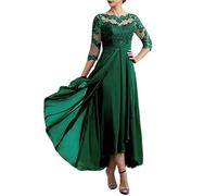 Vestidos para la Madre de la Novia Vestidos de Noche Gasa con Encaje, Escote Redondo y Media Manga, sin Espalda, for Madre del Novio para una reunión(Emerald Green,12)