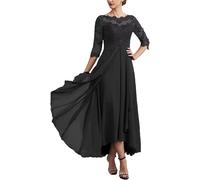 Vestidos para la Madre de la Novia Vestidos de Noche Gasa con Encaje, Escote Redondo y Media Manga, sin Espalda, for Madre del Novio para una reunión(Black,14)