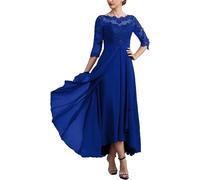 Vestidos para la Madre de la Novia Vestidos de Noche Gasa con Encaje, Escote Redondo y Media Manga, sin Espalda, for Madre del Novio para una reunión(Royal Blue,16)