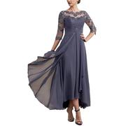 Vestidos para la Madre de la Novia Vestidos de Noche Gasa con Encaje, Escote Redondo y Media Manga, sin Espalda, for Madre del Novio para una reunión(Stormy,20W)