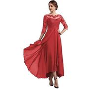 Vestidos para la Madre de la Novia Vestidos de Noche Gasa con Encaje, Escote Redondo y Media Manga, sin Espalda, for Madre del Novio para una reunión(Red,4)