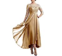 Vestidos para la Madre de la Novia Vestidos de Noche Gasa con Encaje, Escote Redondo y Media Manga, sin Espalda, for Madre del Novio para una reunión(Gold,16)
