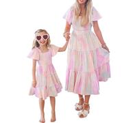 Vestidos para mamá y mí, a juego, para la familia, floral, vestido de manga corta para madre e hija, Tie-dye rosa claro, 6-7 años