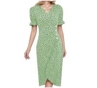 Vestidos para mujer 2026 con estampado casual MIDI con mangas abullonadas y dobladillo y cuello en V, verde, XXL