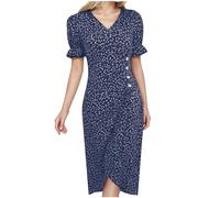 Vestidos para mujer 2026 con estampado casual MIDI con mangas abullonadas y dobladillo y cuello en V, azul, XL