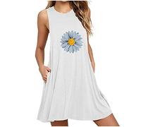 Vestidos para mujer de talla grande para mujer, vestido casual de margaritas, vestidos de impresión acampanados, con bolsillo, sin mangas, vestido de moda para mujer, vestido casual para madre de la