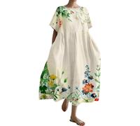Vestidos para mujer del Reino Unido 2024, estampado de gran tamaño, cuello redondo, lino, casual, vestidos de verano, verde, 5XL