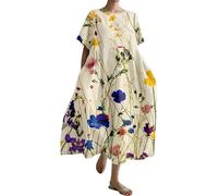 Vestidos para mujer del Reino Unido 2024, estampado de gran tamaño, cuello redondo, lino, casual, vestidos de verano, amarillo, 3XL