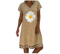 Vestidos para mujer, elegantes, para mujer, talla grande, estampado de margaritas, manga corta, cuello en V, vestido corto informal, vestido para mujer de verano (café L)