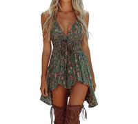 Vestidos para mujer, sexy, escote en V profundo, sin mangas, lazo en la cintura, floral, vintage, corto, swing, estilo vaquero, vestidos de vacaciones, compras, vacaciones, playa, caminar, camping