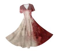 Vestidos para mujer, verano, Halloween, cuello en V, vestido de verano, manga corta, vestido de noche con estampado de sangre, largo hasta la rodilla, vestido de cóctel, vestido de fiesta, vestido