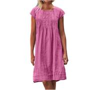 Vestidos para mujer, vestido midi del Reino Unido, talla grande, manga casquillo, plisado, vestidos de verano para vacaciones 2025, cuello redondo, vestido casual, rosa, 5XL