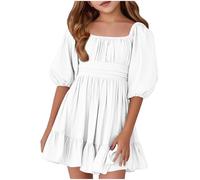 Vestidos para Niña Mangas Medio Color Sólido Elegantes Línea A Vestidos Verano Adolescente Niña Cuello Cuadrado Comodos Transpirable Ligero Casual Playa (White, 9-10 Years)
