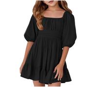 Vestidos para Niña Mangas Medio Color Sólido Elegantes Línea A Vestidos Verano Adolescente Niña Cuello Cuadrado Comodos Transpirable Ligero Casual Playa (Black, 12-13 Years)