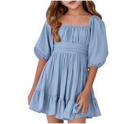 Vestidos para Niña Mangas Medio Color Sólido Elegantes Línea A Vestidos Verano Adolescente Niña Cuello Cuadrado Comodos Transpirable Ligero Casual Playa (Light Blue, 11-12 Years)