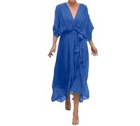 Vestidos Petite para mujer, vestidos midi para mujer, vestido largo de color liso para mujer con manga murciélago, vestido irregular degradado, talla grande, cuello en V, manga corta, azul, XXXXL