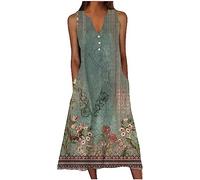 Vestidos retro con estampado floral para mujer, elegante vestido de verano sin mangas con bolsillos, vestido casual de verano para mujer, tallas grandes, verde, XL
