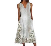 Vestidos retro con estampado floral para mujer, elegante vestido de verano sin mangas con bolsillos, vestido casual de verano para mujer, tallas grandes, blanco, M