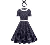 Vestidos Rockabilly AñOs 50 Vintage Vestidos Verano Mujer con Mangas Cortas Lunares Estilo Swing hasta La Rodilla Vestido Mujer Elegante de Cocktail con Diadema Vestido Flamenca