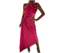 Vestidos sexis para mujer Vestido de un hombro con estampado floral Vestido largo con dobladillo oscilante irregular con volantes Vestidos de fiesta de cóctel (F05-rojo,L)