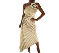 Vestidos sexis para mujer Vestido de un hombro con estampado floral Vestido largo con dobladillo oscilante irregular con volantes Vestidos de fiesta de cóctel (F01-beige,XL)