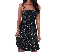 Vestidos sin mangas sin tirantes para mujer, vintage, bohemio, estampado floral, vestido de verano para la playa, casual, con vuelo, corto, vestido de verano, Negro, L