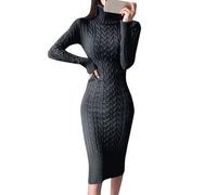 Vestidos Tipo suéter de Manga Larga con Cuello para Mujer Vestidos Tipo Midi Ajustados de Punto (Black, XL)
