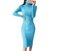 Vestidos Tipo suéter de Manga Larga con Cuello para Mujer Vestidos Tipo Midi Ajustados de Punto (Blue, S)