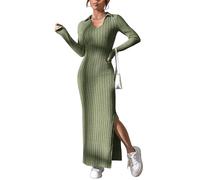 Vestidos tipo suéter para mujer, de manga larga, acanalado, de punto trenzado, cuello en V, entallado, entallado, largo por debajo de la rodilla, vestidos largos casuales divididos, verde, M
