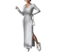 Vestidos tipo suéter para mujer, de manga larga, acanalado, de punto trenzado, cuello en V, entallado, entallado, largo por debajo de la rodilla, vestidos largos casuales divididos, gris, XXL