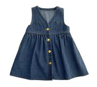 Vestidos Vaquera para Niña Lindo Vestido de Verano Sin Mangas Cuello en V Color Sólido Vestido de Mezclilla con Bolsillos Informal Cintura Alta A-Línea Vestidos hasta La Rodilla para Niños 2-7 Años