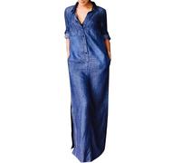 Vestidos Vaquero Largo Mujer Vestido Manga Corta Camisa Blusa Elegante Verano Talla Grande Botones Cuello en V Fiesta Oficina Mezclilla Demin Casual Moda Suelto Cómodo Vestido de Noche 2025