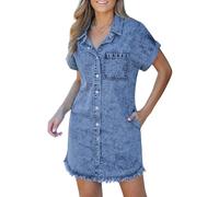 Vestidos Vaqueros para Mujer Vestido Camisero Vaquero De Verano Manga Corta Abotonado con Bolsillos Laterales Bajo Deshilachado Blusa Informal Extragrande para Vacaciones Playa Uso Diario Azul Vaque
