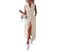 Vestidos Vaqueros Sin Mangas para Mujer Vestido Camisero Vaquero Abotonado con Cinturón Vestido Vaquero Informal De Corte A con Bolsillos para Negocios Vacaciones Y Uso Diario Beige XL