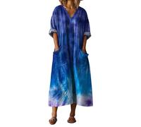 Vestidos Verano 2026 Mujer Largo Cuello V Manga 3/4 Estilo Vintage Boho Chic Maxi Vestido Playeros Suelto Talla Grande Casual Dresses Ropa con Bolsillos de Fiesta Playa Elegantes
