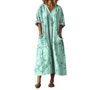 Vestidos Verano 2026 Mujer Largo Cuello V Manga 3/4 Estilo Vintage Boho Chic Maxi Vestido Playeros Suelto Talla Grande Casual Dresses Ropa con Bolsillos de Fiesta Playa Elegantes